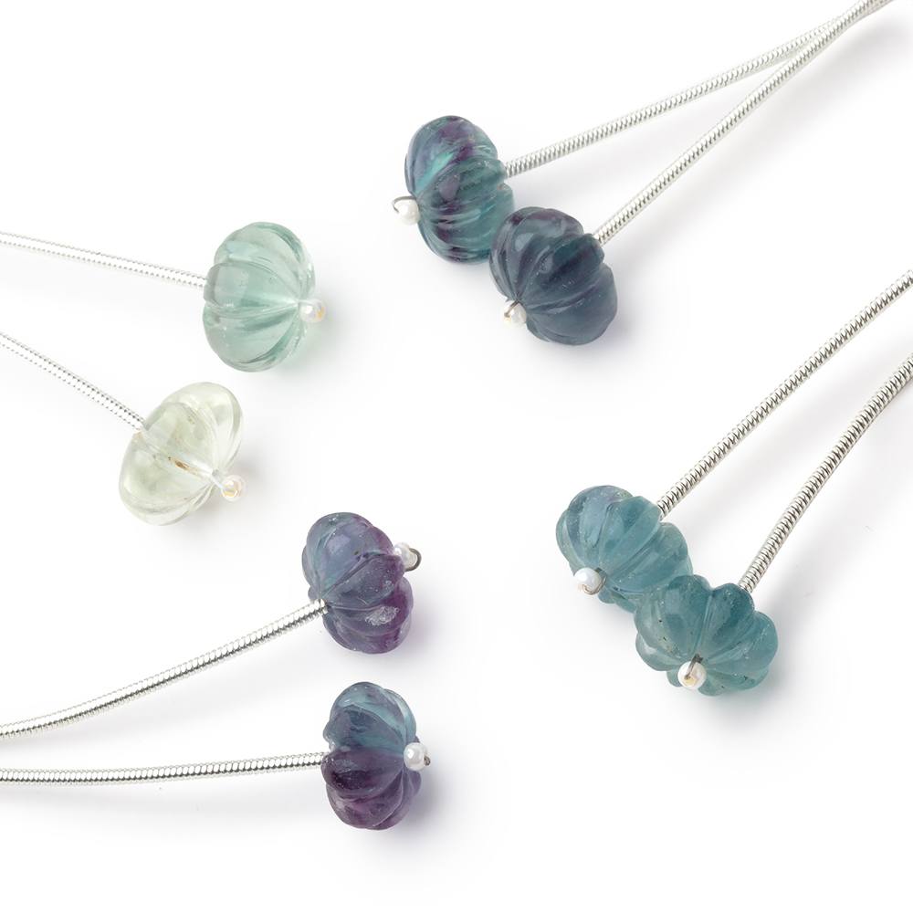 11 - 11.5mm Fluorite Carved Melon Focals Set of 2 Beads - Beadsofcambay.com