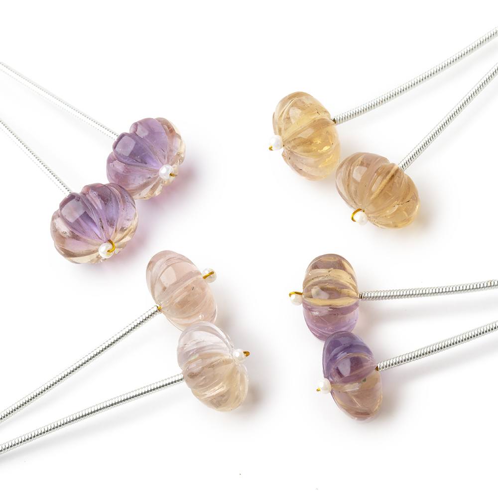 11.5 - 12mm Ametrine Carved Melon Focals Set of 2 Beads - Beadsofcambay.com