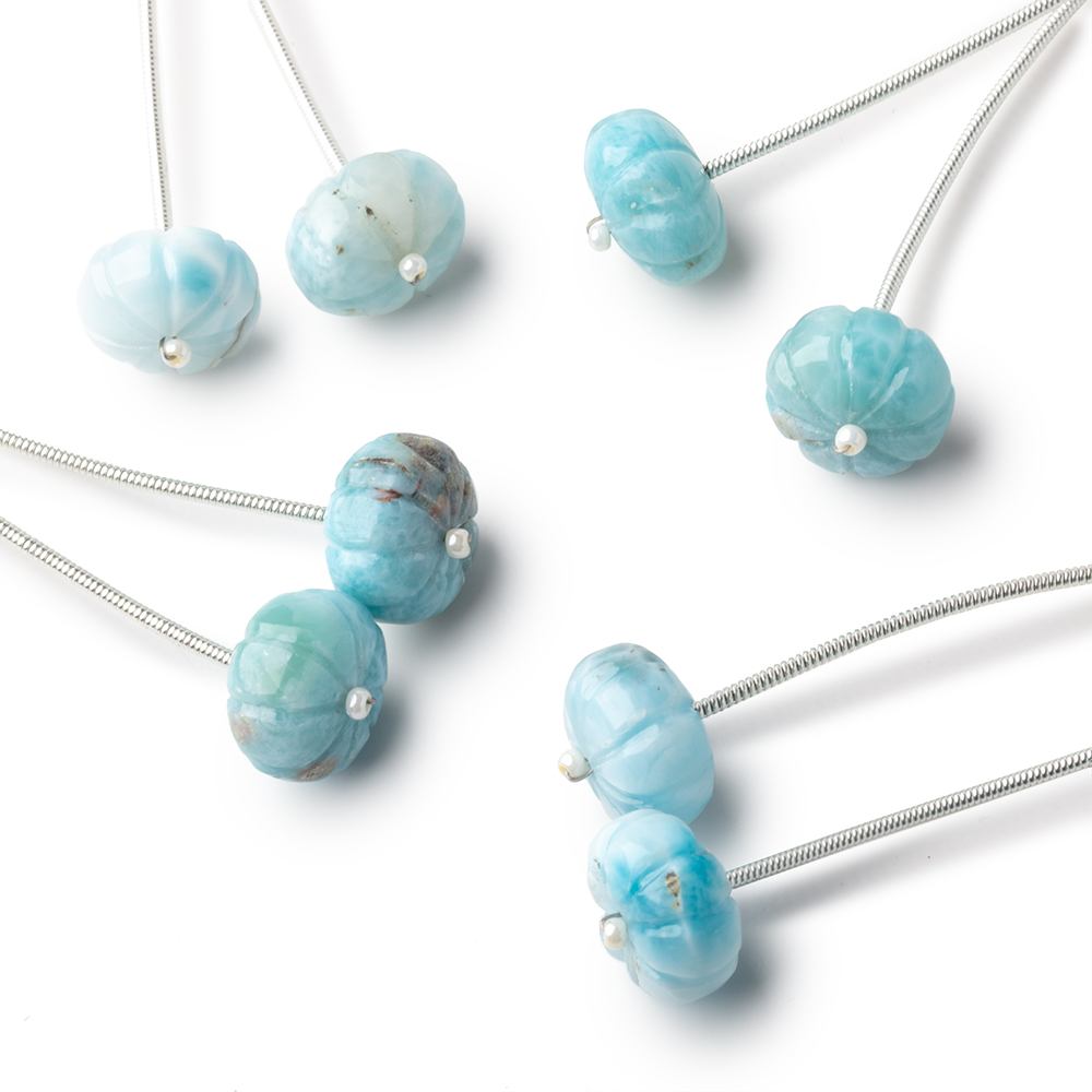 12 - 12.5mm Larimar Carved Melon Focals Set of 2 Beads - Beadsofcambay.com