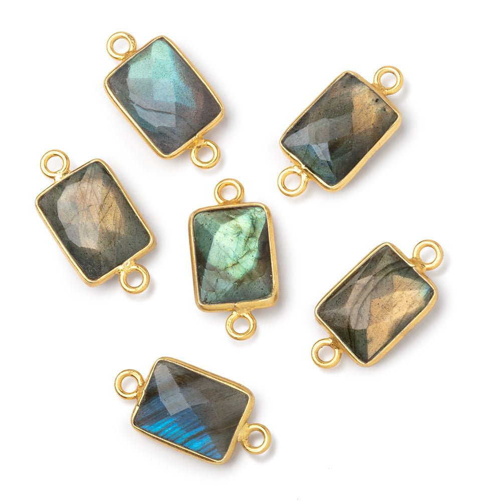 12x9mm Vermeil Bezel Labradorite Faceted Rectangle with Multi Flash 1 Connector - Beadsofcambay.com