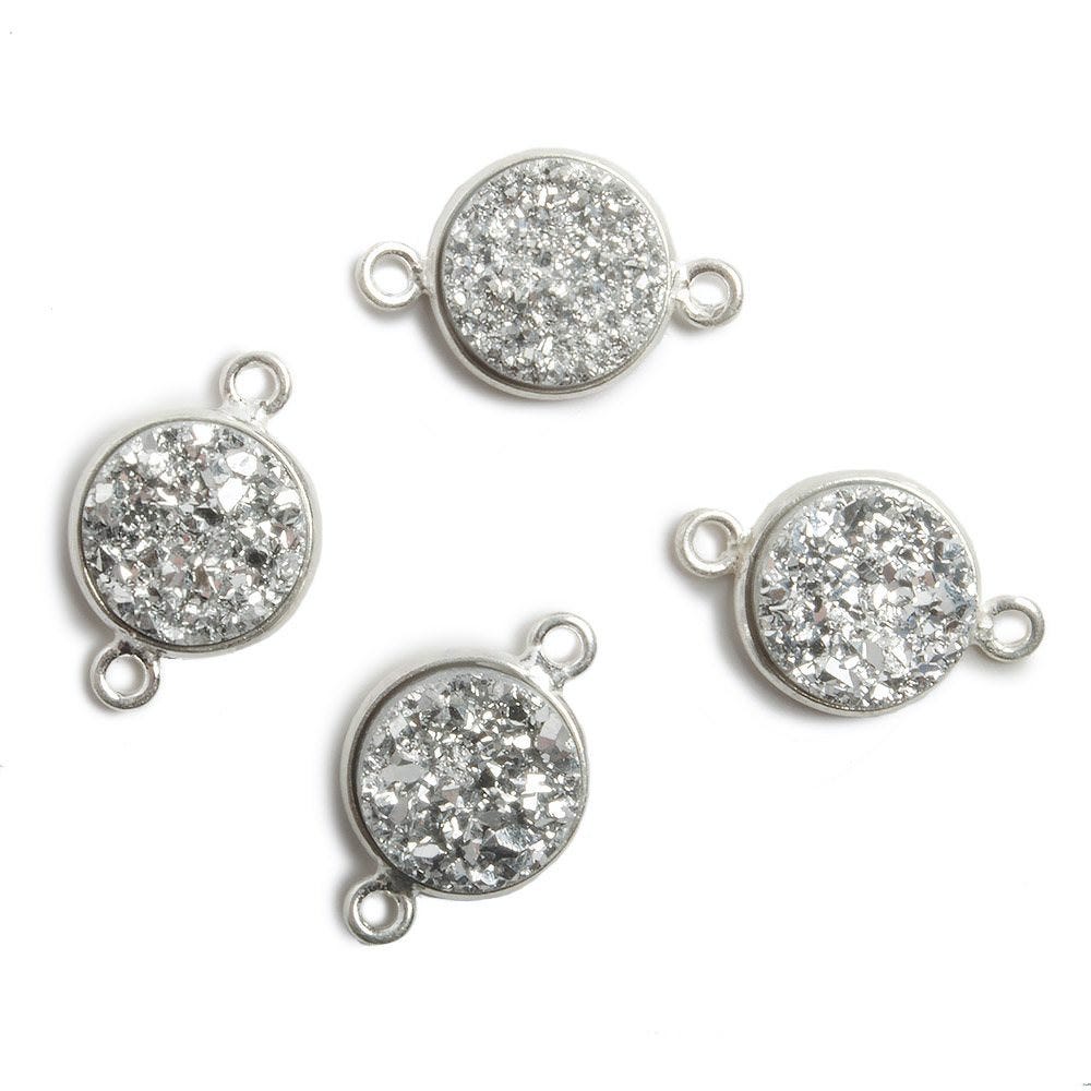 13mm Silver Bezel Metallic Silver Drusy Coin 2 ring Connector 1 piece - Beadsofcambay.com