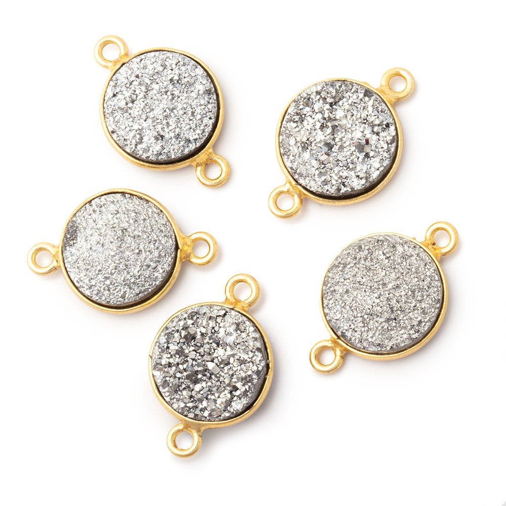 13mm Vermeil Bezel Metallic Silver Drusy Coin Connector 1 piece - Beadsofcambay.com