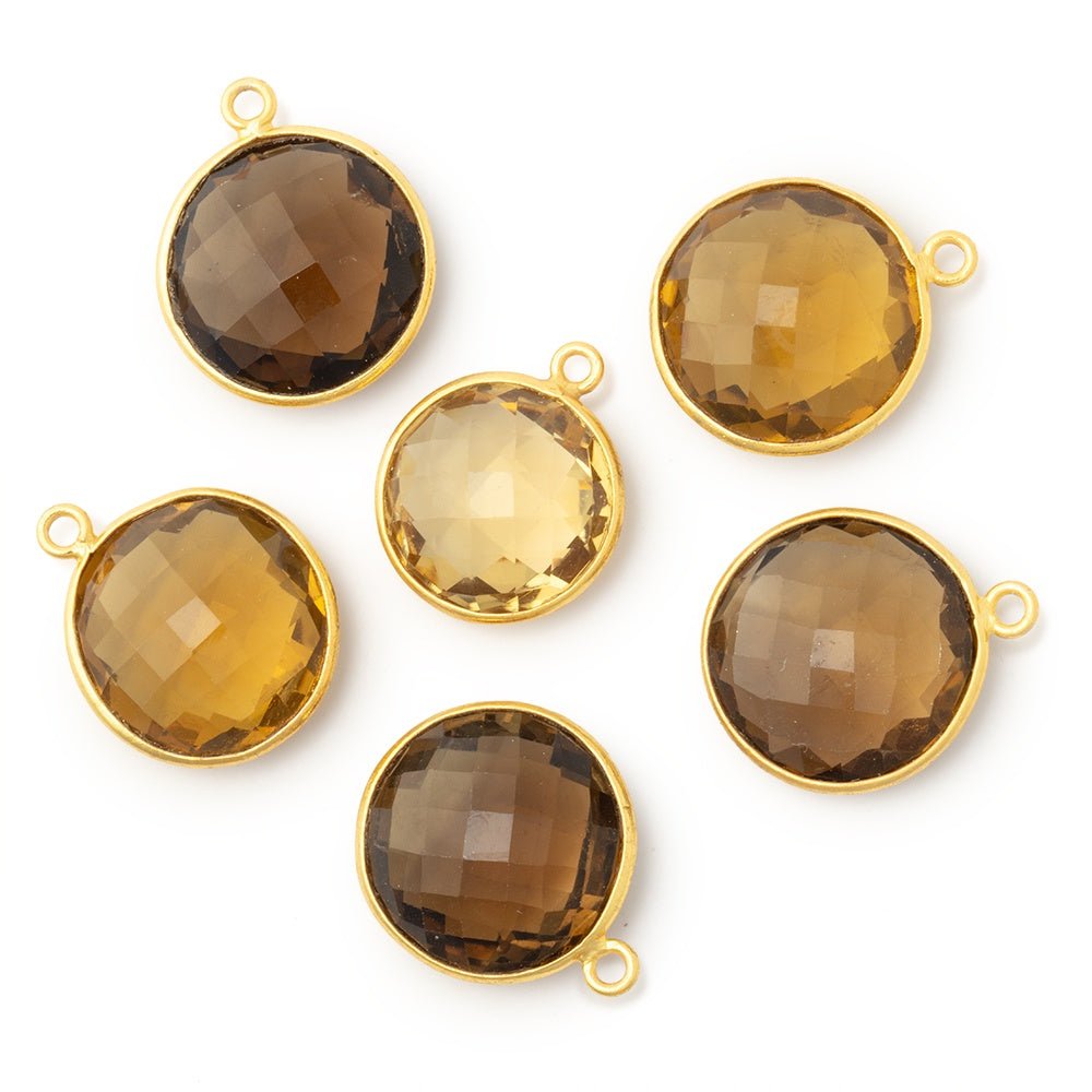 15 - 16.5mm Vermeil Bezel Whiskey Quartz Faceted Coin Pendant 1 piece - Beadsofcambay.com