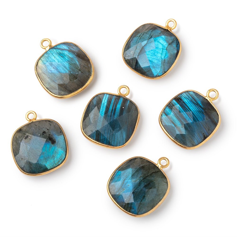 16mm Vermeil Bezel Labradorite Faceted Cushion with Aqua Flash 1 Pendant - Beadsofcambay.com