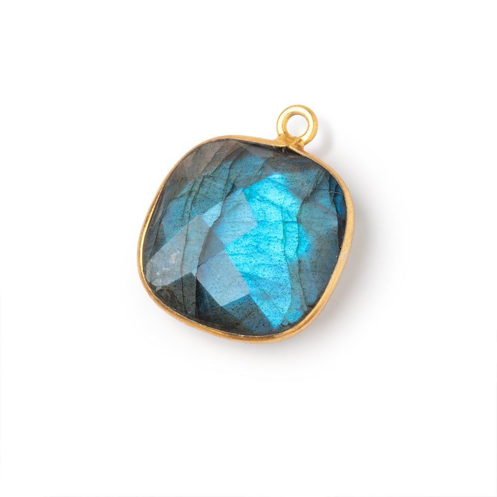 16mm Vermeil Bezel Labradorite Faceted Cushion with Aqua Flash 1 Pendant - Beadsofcambay.com