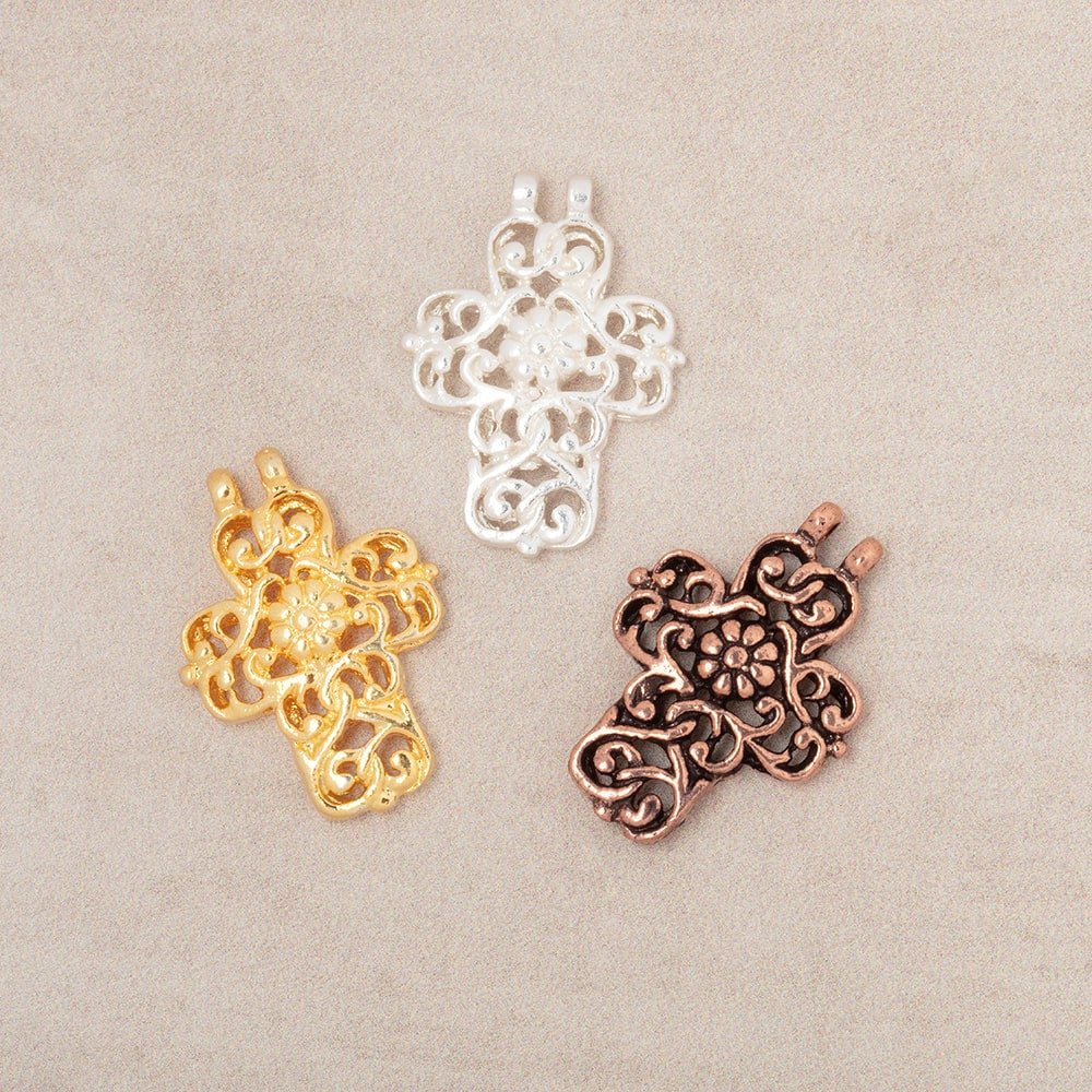 17x14.5mm Filigree Cross Two Ring Pendant Charm Set of 4 pieces - Beadsofcambay.com