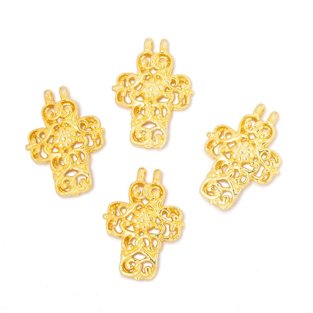 17x14.5mm Filigree Cross Two Ring Pendant Charm Set of 4 pieces - Beadsofcambay.com