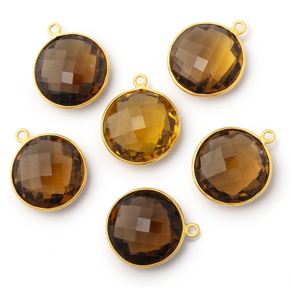 19mm Vermeil Bezel Whiskey Quartz Faceted Coin Pendant 1 piece - Beadsofcambay.com