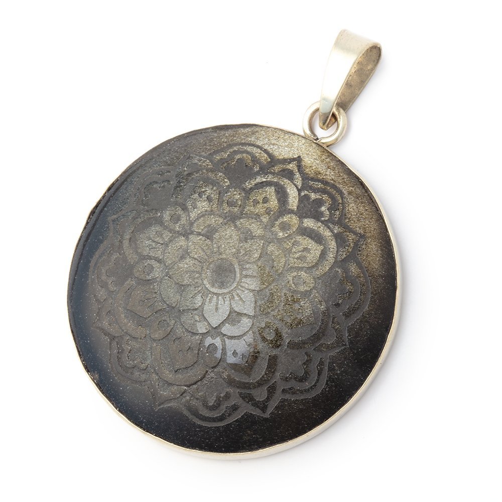 33.5mm .925 Silver Bezel Golden Sheen Obsidian Carved Coin Pendant 1 Piece - Beadsofcambay.com