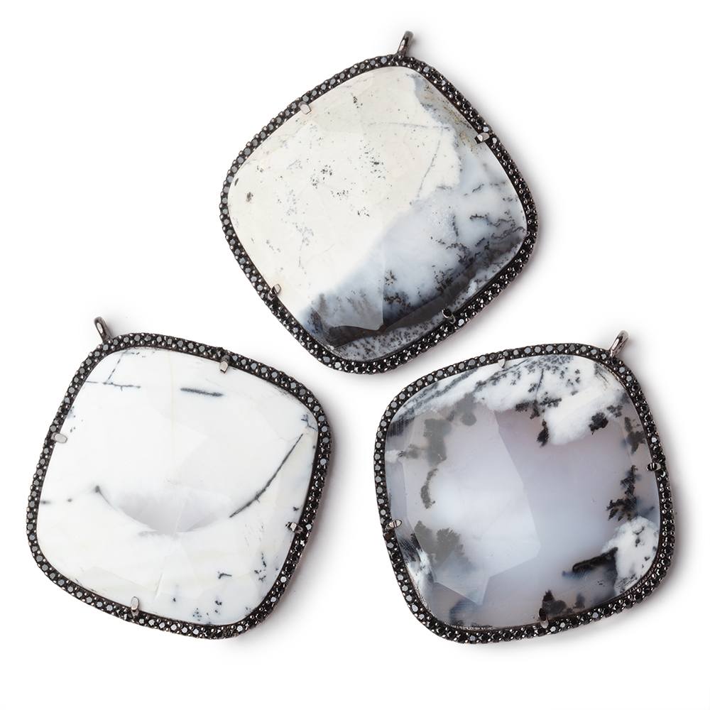 33mm Black Gold & Black CZ Bezel Dendritic Opal Cushion Pendant 1 Focal - Beadsofcambay.com