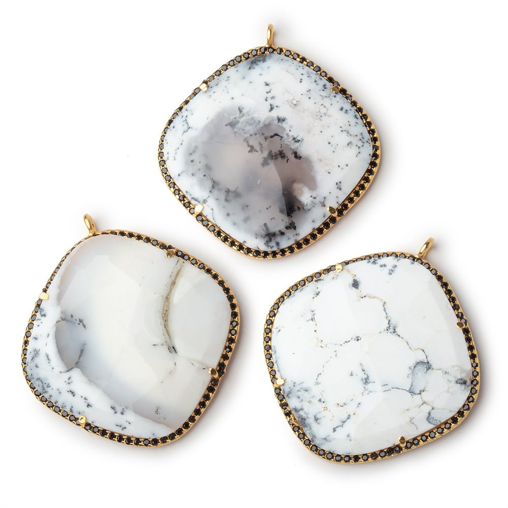 33mm Vermeil & Black CZ Bezel Dendritic Opal Cushion Pendant 1 Focal - Beadsofcambay.com