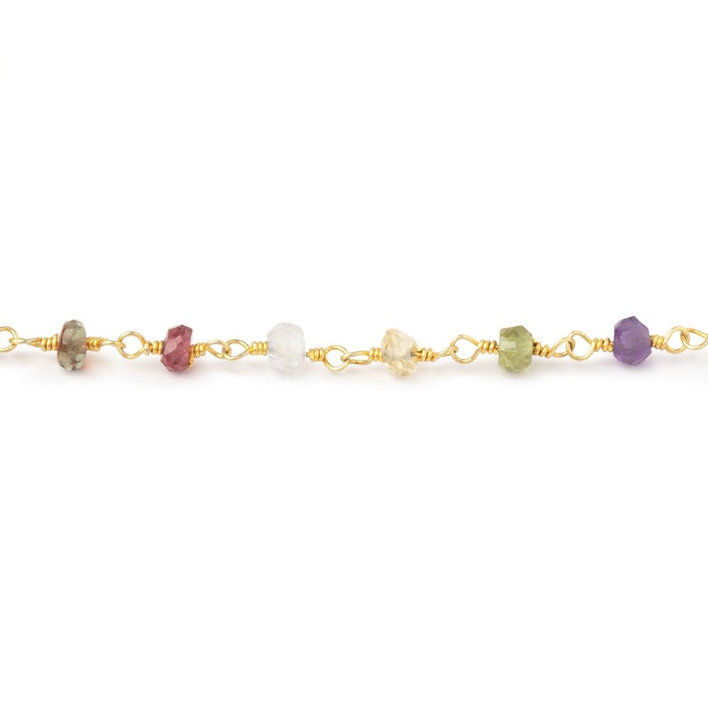 3.5mm Multi Gemstone Faceted Rondelles on Gold Plated Chain - Beadsofcambay.com