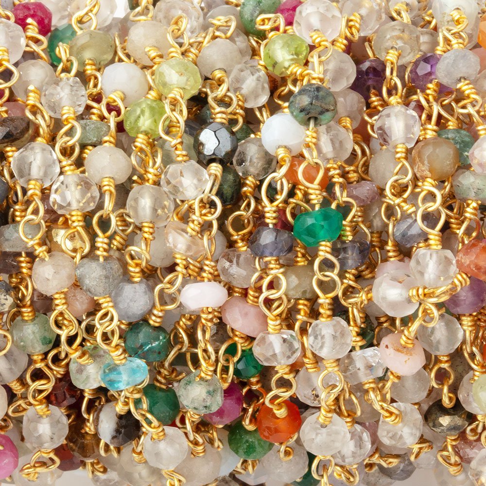 3.5mm Multi Gemstone Faceted Rondelles on Gold Plated Chain - Beadsofcambay.com