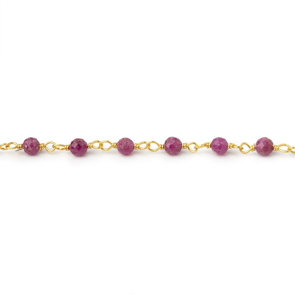 3mm Ruby Micro Faceted Rounds on Gold Plated Chain - Beadsofcambay.com