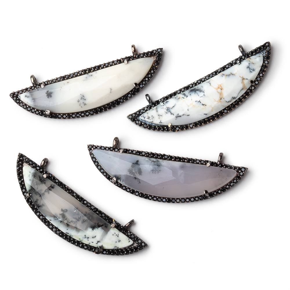 44x12mm Black Gold & Black CZ Bezel Dendritic Opal Half Moon 1 Connector - Beadsofcambay.com