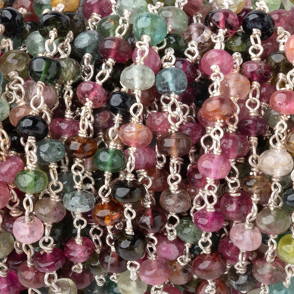 5mm Multi Color Tourmaline Plain Rondelles on Sterling Silver Chain - BeadsofCambay.com