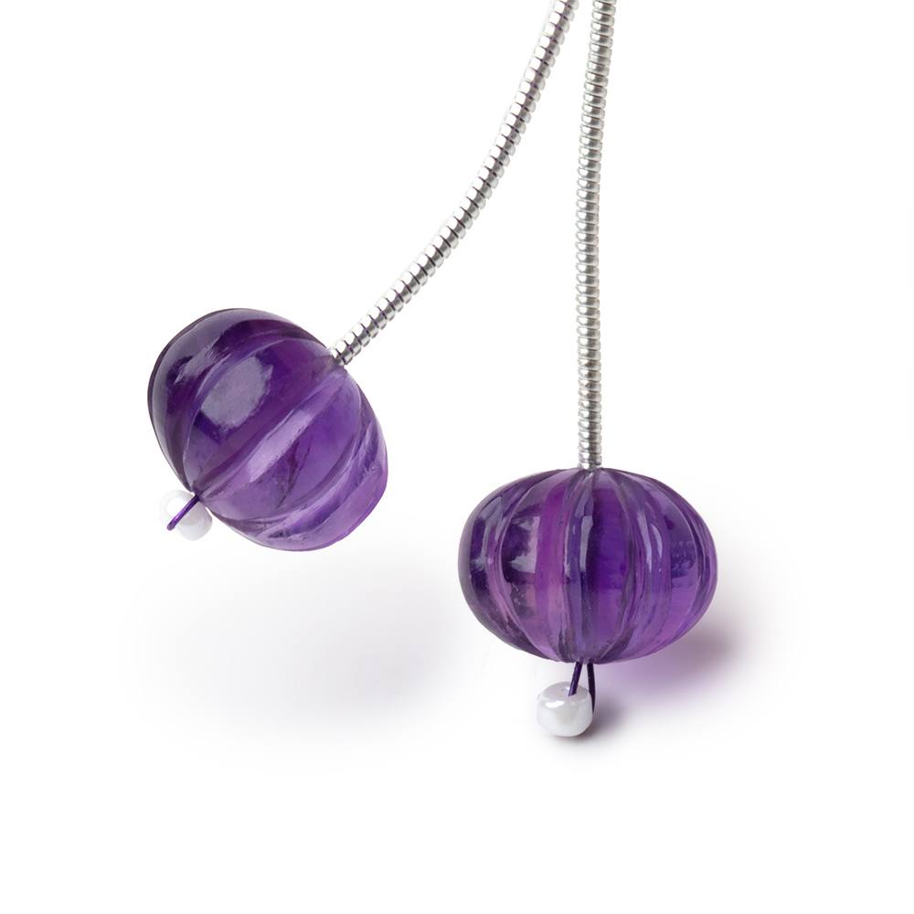12mm Amethyst Carved Melon Focals Set of 2 Beads - BeadsofCambay.com