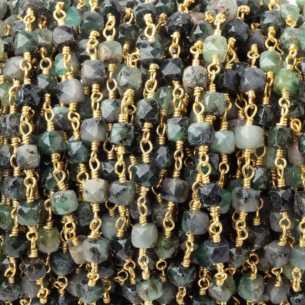 4mm Emerald Micro Faceted Cubes on Gold Plated Chain - Beadsofcambay.com