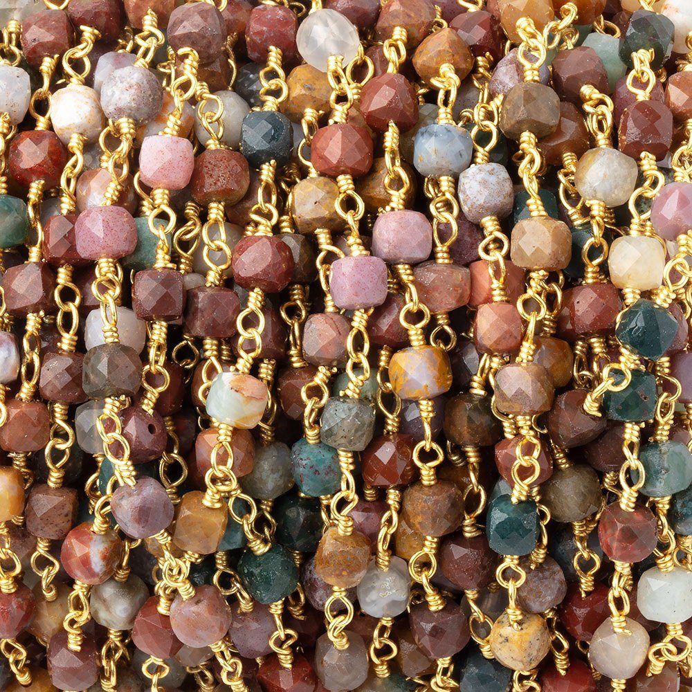 4mm Ocean Jasper Micro Faceted Cubes on Gold Plated Chain - Beadsofcambay.com