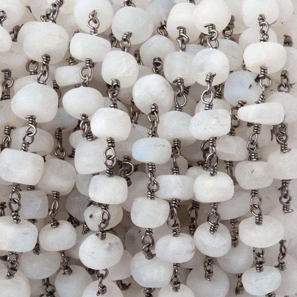 5 - 7mm Matte Rainbow Moonstone Plain Rondelles on Black Gold Plated Chain - Beadsofcambay.com