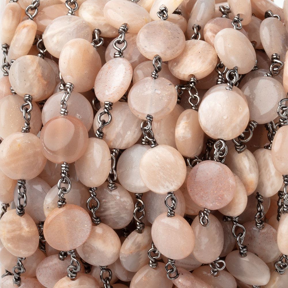 9mm Peach Moonstone Plain Coins on Black Gold Plated Chain - BeadsofCambay.com