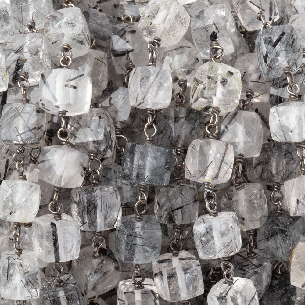 6 - 6.5mm Tourmalinated Quartz Faceted Cubes on Sterling Silver Chain - Beadsofcambay.com