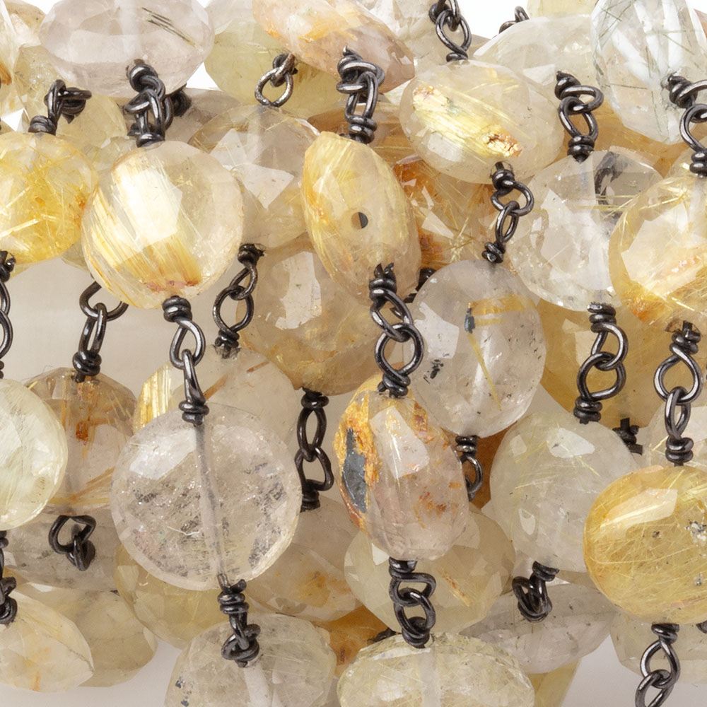 7 - 8mm Rutilated Quartz Faceted Coins on Black Gold over .925 Silver Chain - Beadsofcambay.com