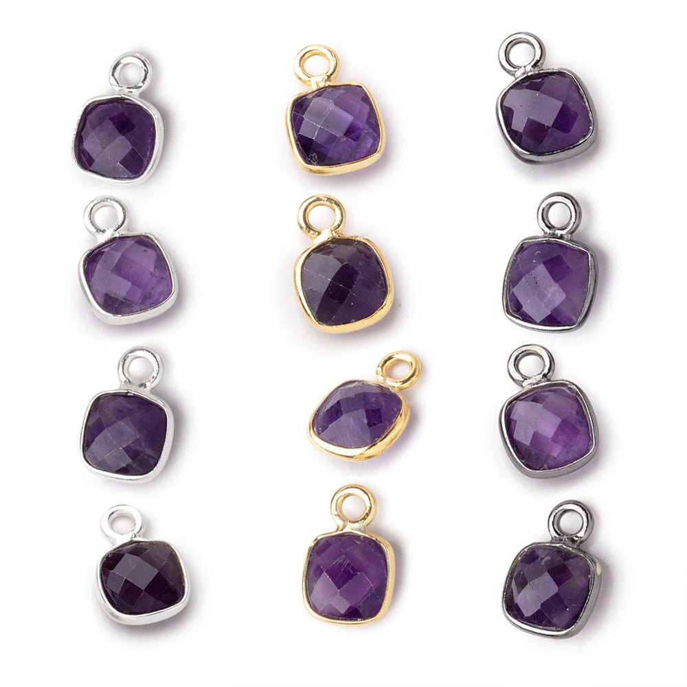 7mm Bezel Set Amethyst Faceted Cushion Set of 4 Pendants - Beadsofcambay.com