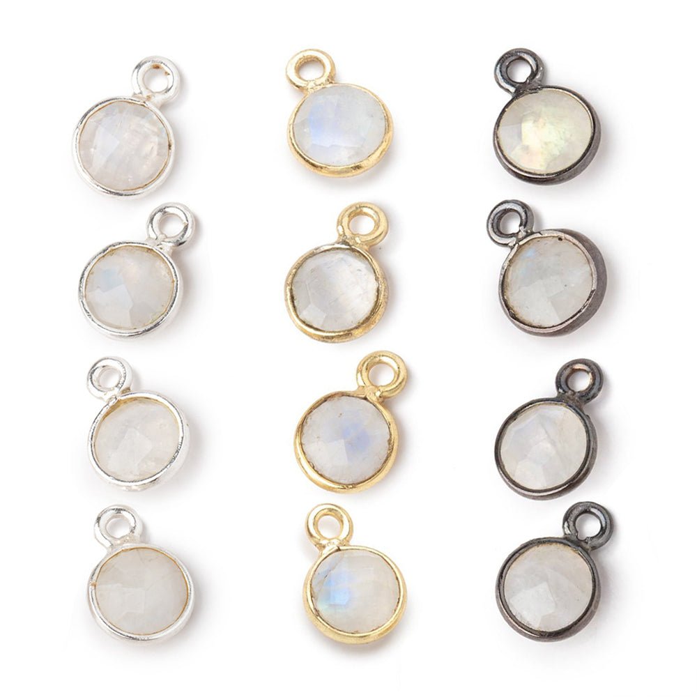 7mm Bezel Set Rainbow Moonstone Faceted Coin Set of 4 Pendants - Beadsofcambay.com