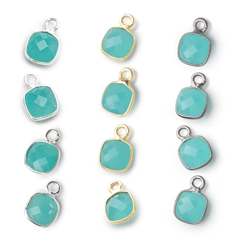 7mm Bezel Set Seafoam Blue Chalcedony Faceted Cushion Set of 4 Pendants - Beadsofcambay.com