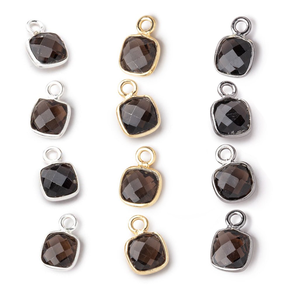 7mm Bezel Set Smoky Quartz Faceted Cushion Set of 4 Pendants - Beadsofcambay.com