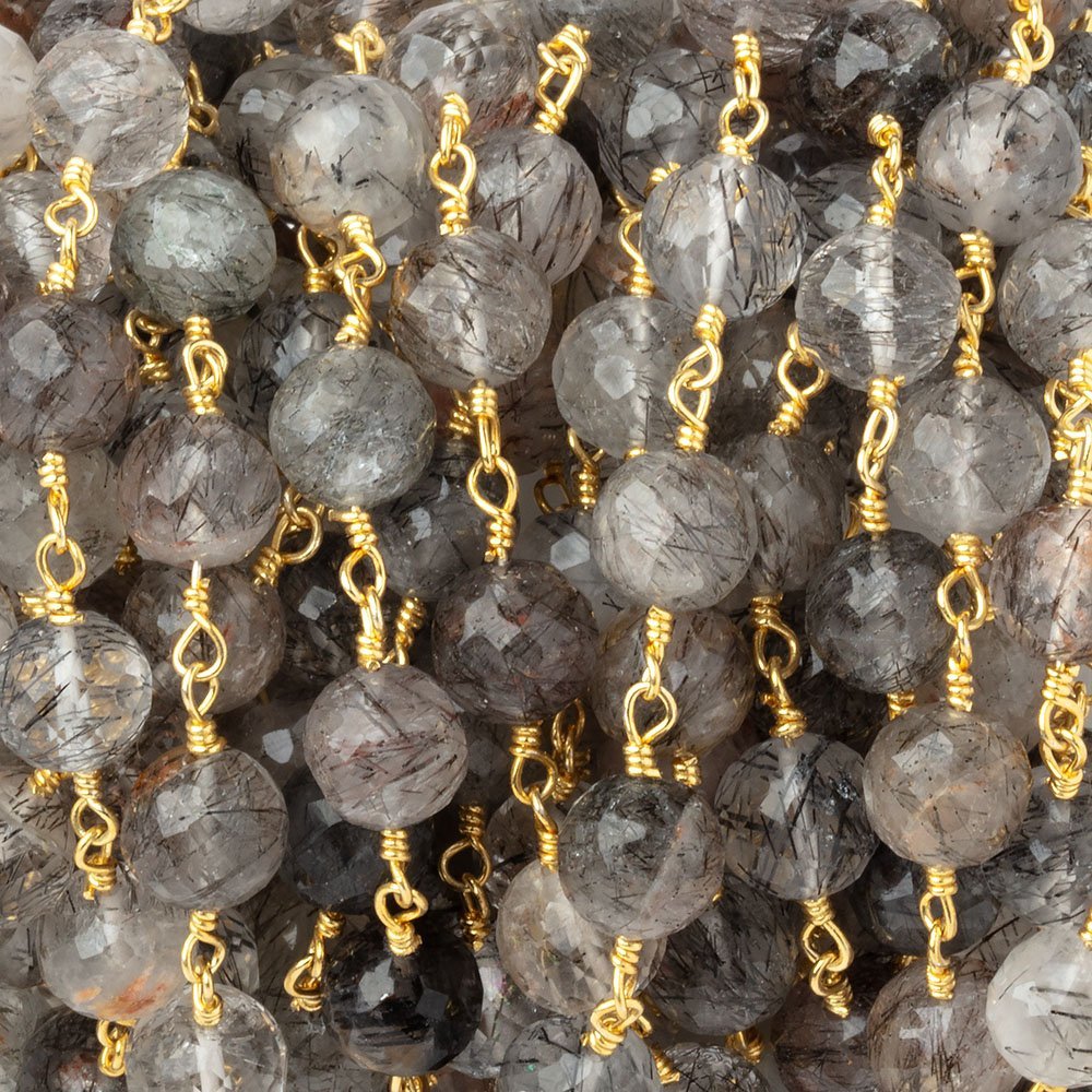 7mm Tourmalinated Quartz Faceted Rounds on Gold Plated Chain - Beadsofcambay.com