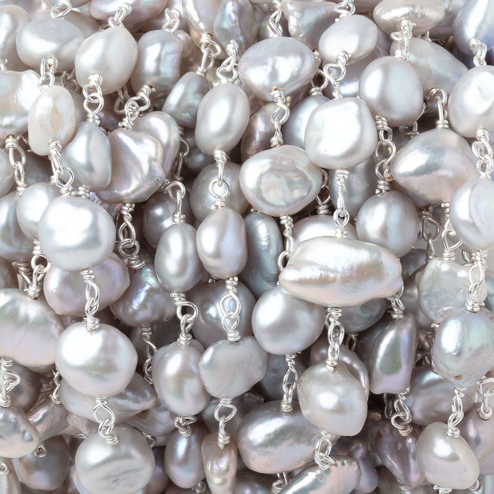 7x6 - 9x8mm Silver Keshi Pearls on .925 Silver Chain - Beadsofcambay.com