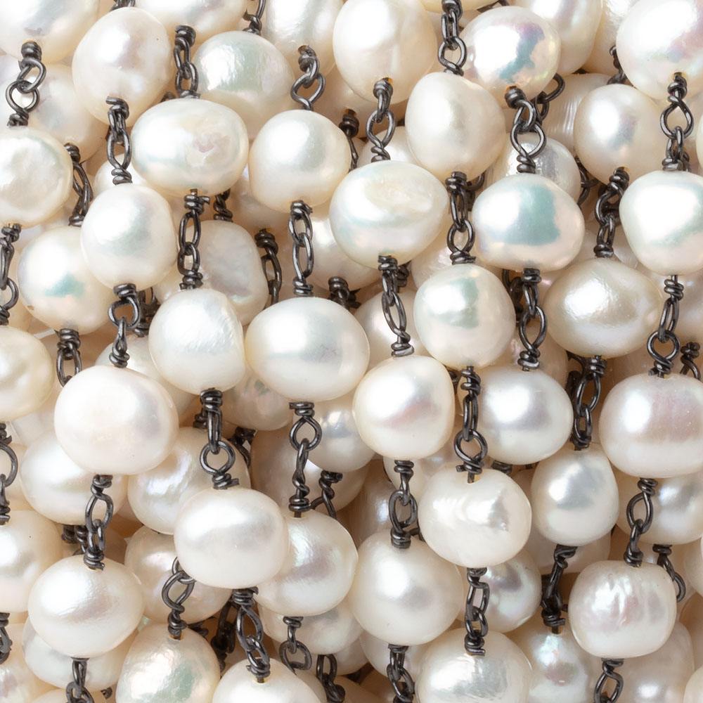 8mm Off White Side Drilled Baroque Pearls on Black Gold Plated Chain - Beadsofcambay.com