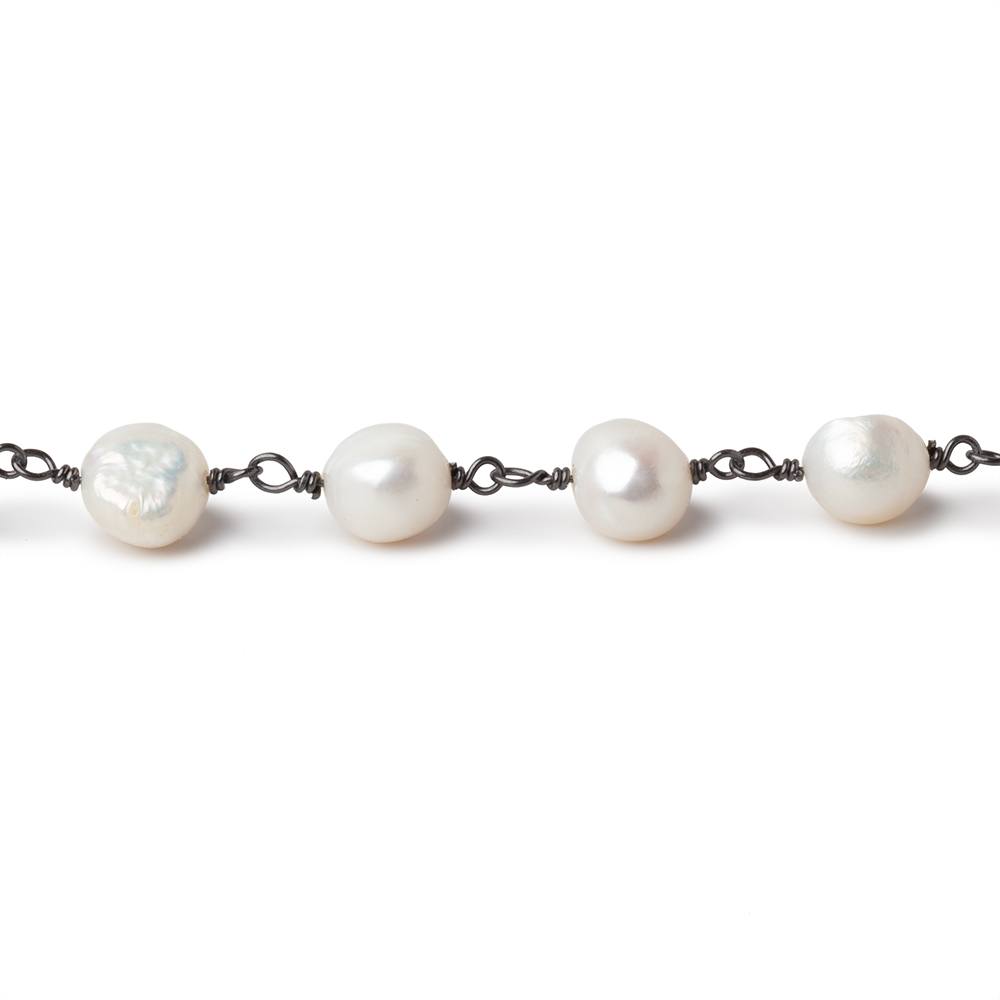 8mm Off White Side Drilled Baroque Pearls on Black Gold Plated Chain - Beadsofcambay.com