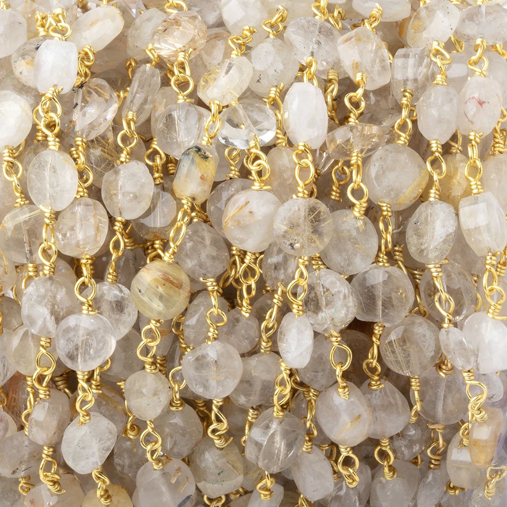 5-6mm Rutilated Quartz faceted coin Gold plated Chain by the foot 25 pieces - BeadsofCambay.com