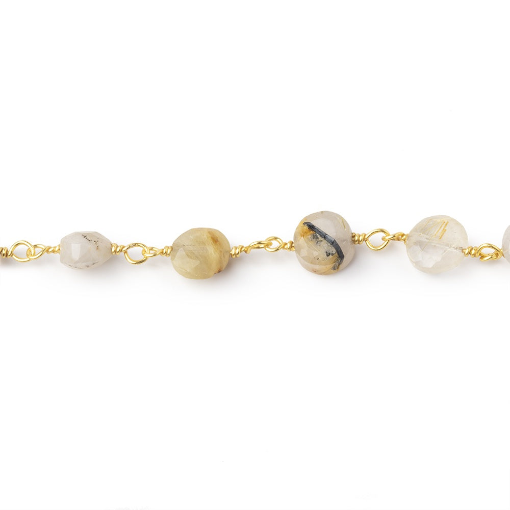 5-6mm Rutilated Quartz faceted coin Gold plated Chain by the foot 25 pieces - BeadsofCambay.com