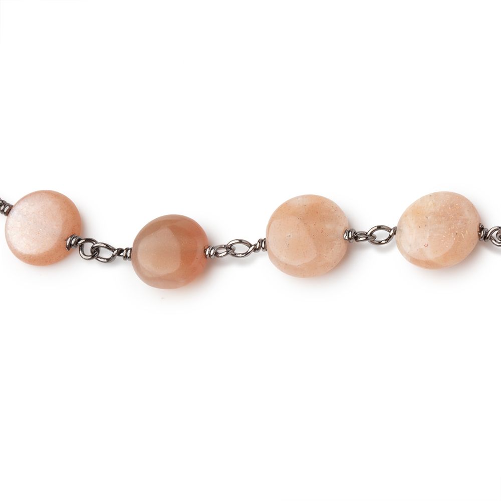 9mm Peach Moonstone Plain Coins on Black Gold Plated Chain - Beadsofcambay.com