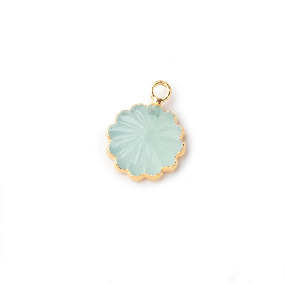 11mm Gold Leafed Seafoam Blue Chalcedony Carved Floral Coin Focal Pendant 1 piece - Beadsofcambay.com