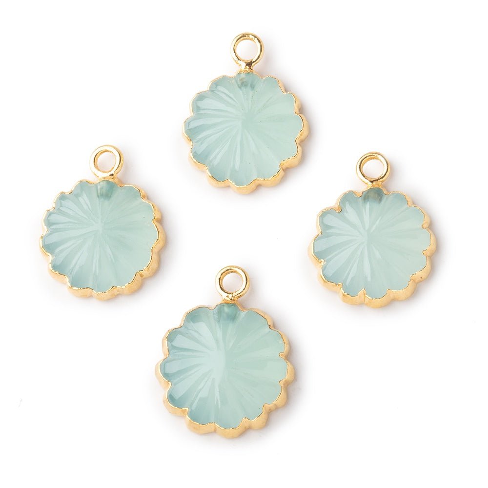 11mm Gold Leafed Seafoam Blue Chalcedony Carved Floral Coin Focal Pendant 1 piece - Beadsofcambay.com