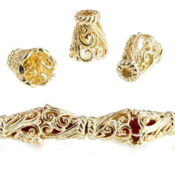 12x9mm 14kt Gold plated Copper Cone Scroll Vine Design 18 beads *DISCONTINUED* - Beadsofcambay.com