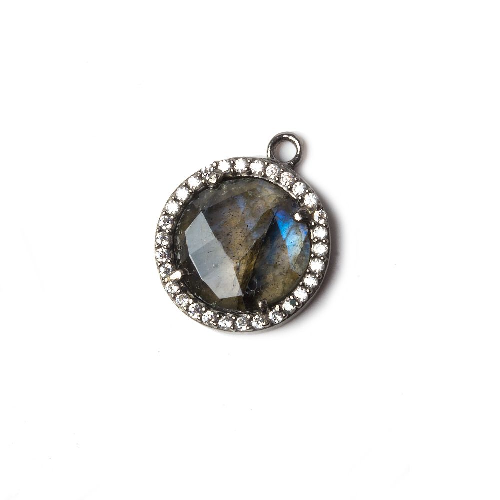 13mm Black Gold Bezeled White CZ and Labradorite Coin Pendant 1 piece - Beadsofcambay.com