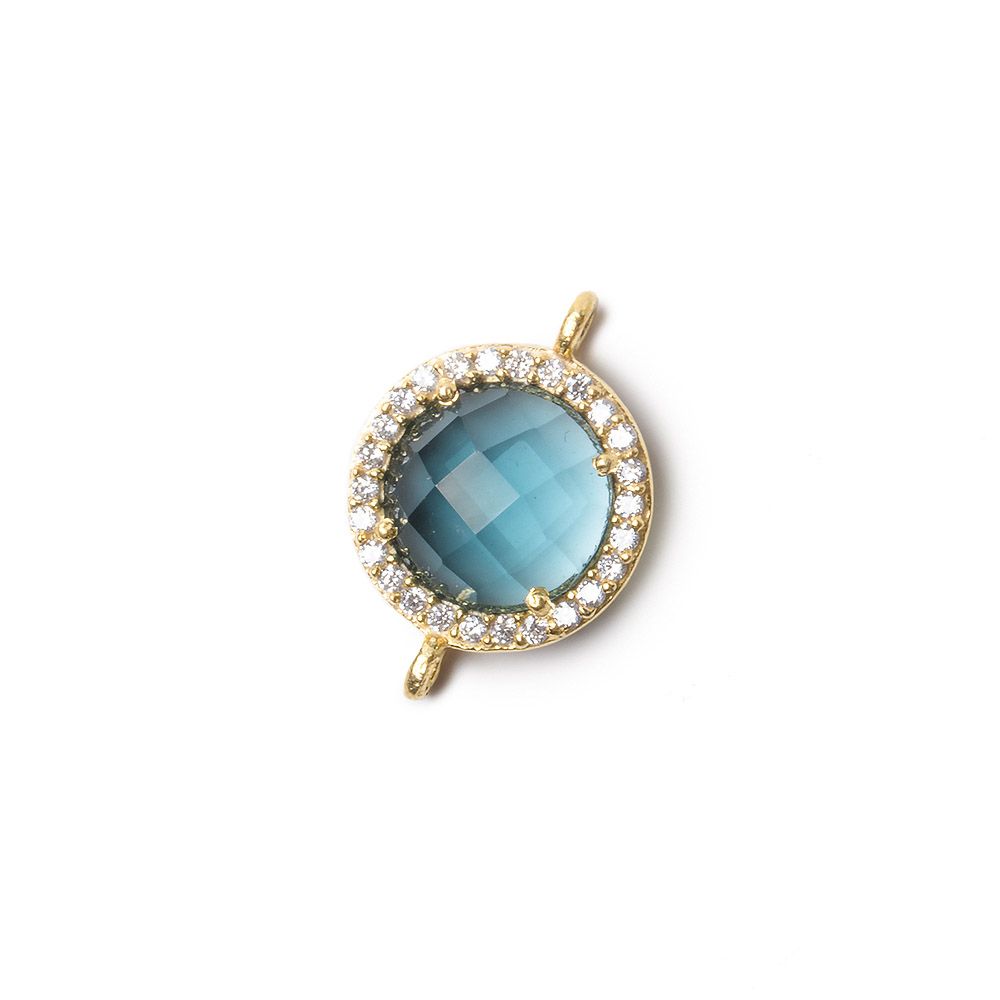 13mm Gold Bezel White CZ and London Blue Quartz Coin Connector 1 focal bead - Beadsofcambay.com