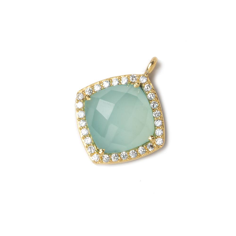 13x13mm Gold Bezeled White CZ and Aqua Chalcedony Pillow Pendant 1 piece - Beadsofcambay.com