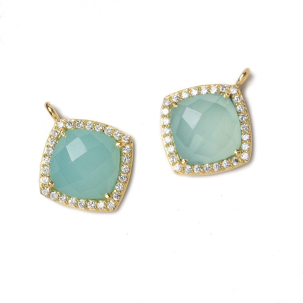 13x13mm Gold Bezeled White CZ and Aqua Chalcedony Pillow Pendant 1 piece - Beadsofcambay.com