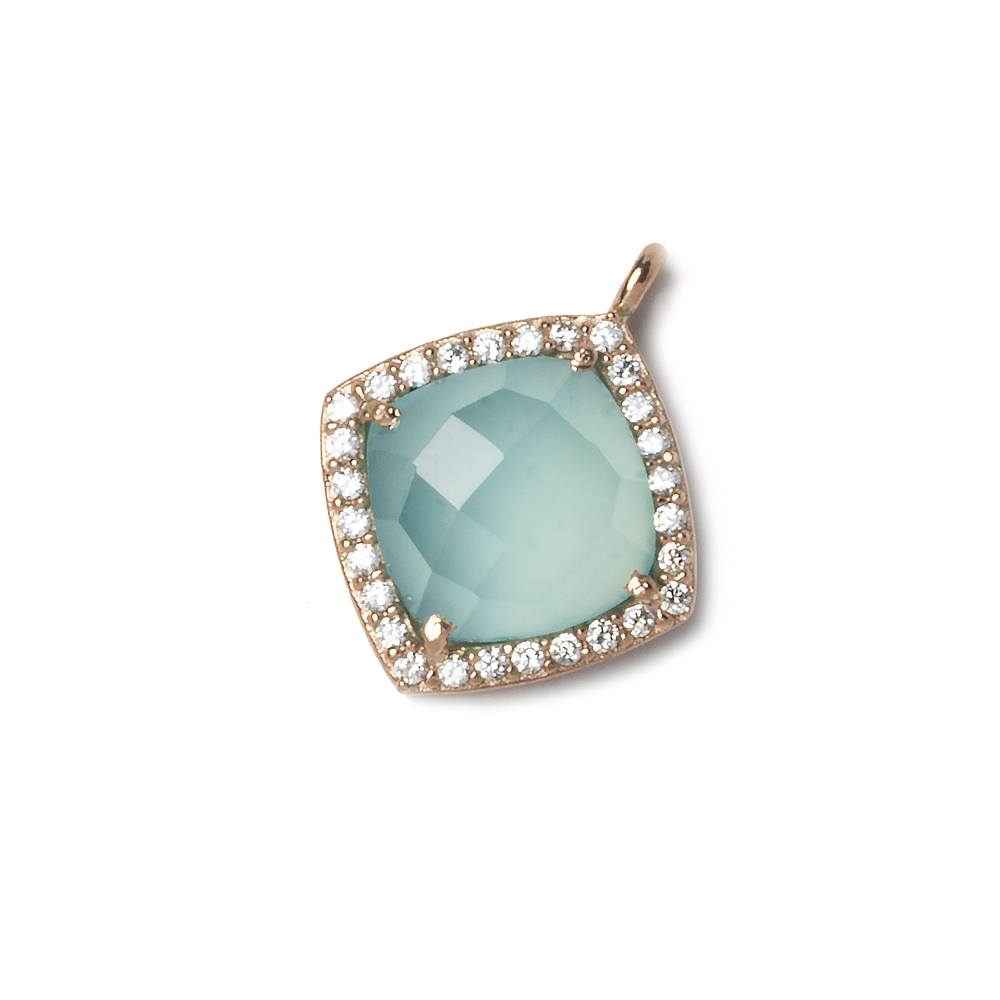 13x13mm Rose Gold Bezeled White CZ and Aqua Chalcedony Pillow Pendant 1 piece - Beadsofcambay.com