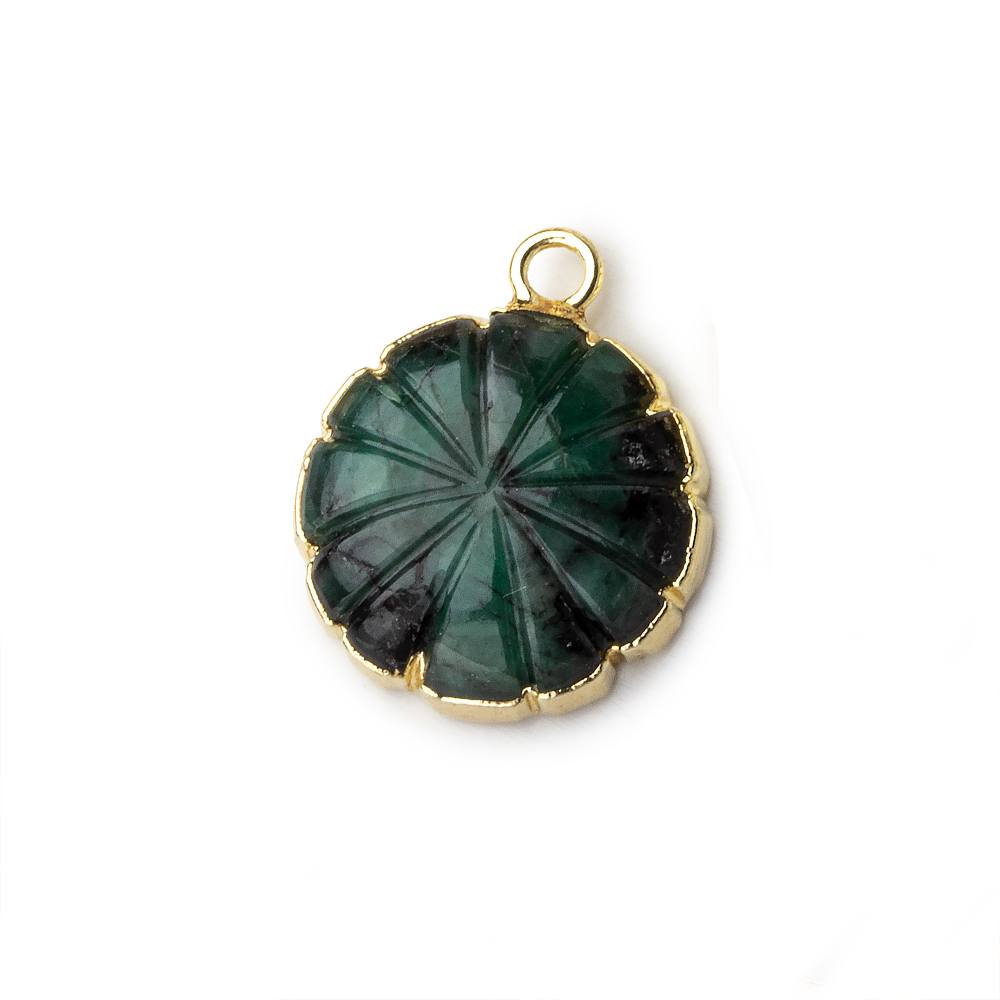 14mm 22kt Gold Leafed Brazilian Emerald carved floral coin Pendant 1 focal bead - Beadsofcambay.com