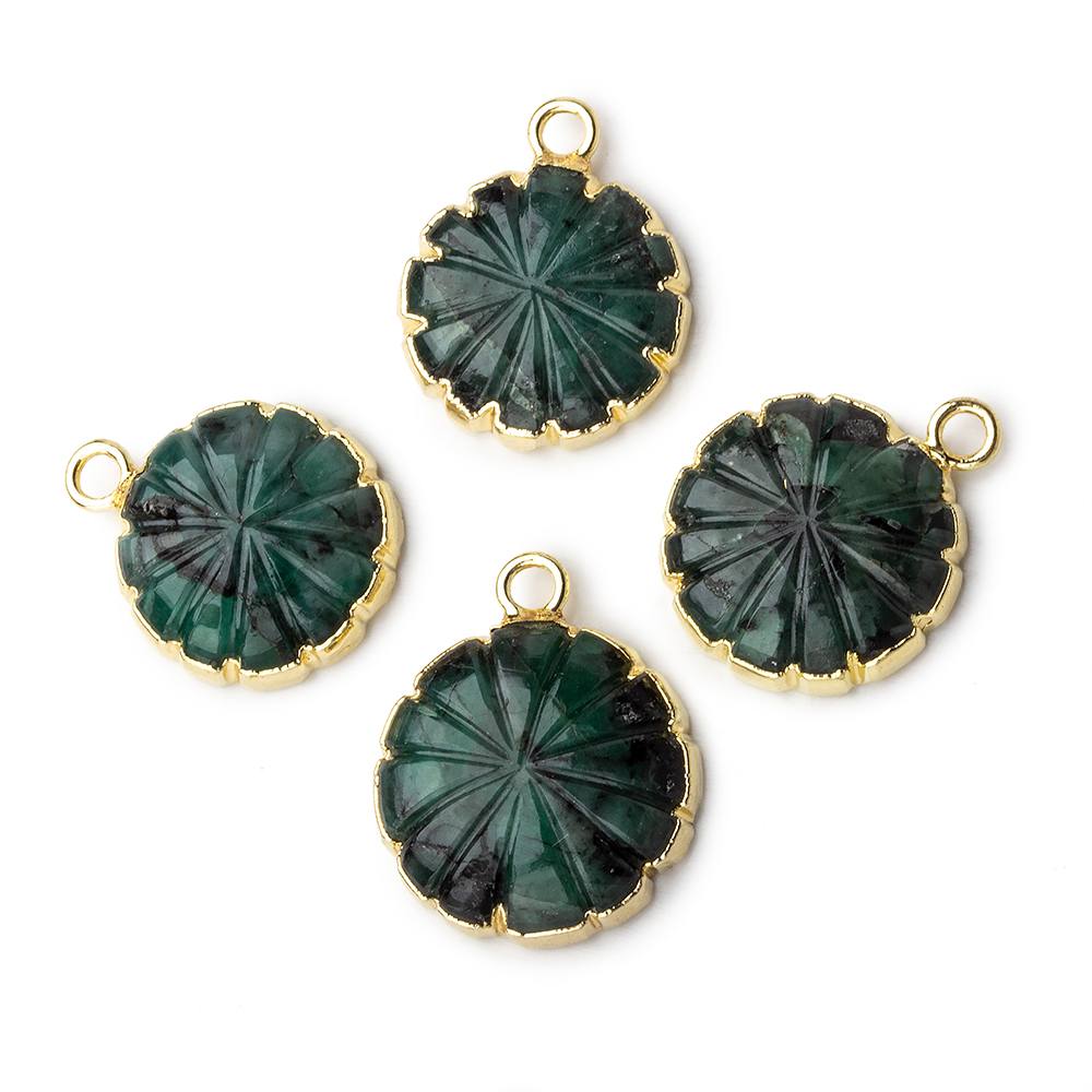 14mm 22kt Gold Leafed Brazilian Emerald carved floral coin Pendant 1 focal bead - Beadsofcambay.com