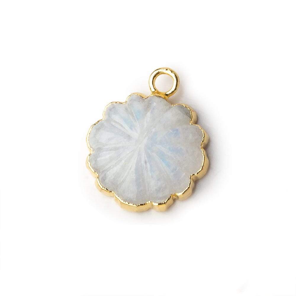 14mm 22kt Gold Leafed Rainbow Moonstone carved floral coin Pendant 1 focal bead - Beadsofcambay.com