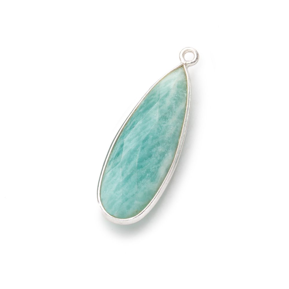 32x12mm Silver .925 Bezeled Amazonite Pear Pendant 1 piece - BeadsofCambay.com